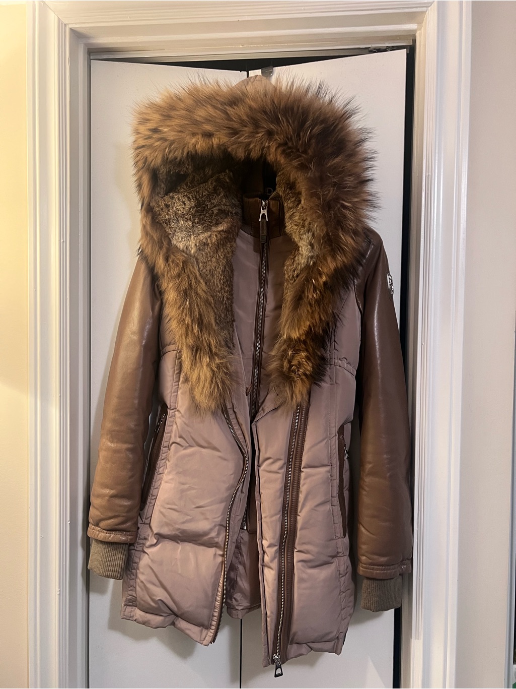 Rudsak Brown Mixed-Material Fur/Leather-Trim Puffer Coat